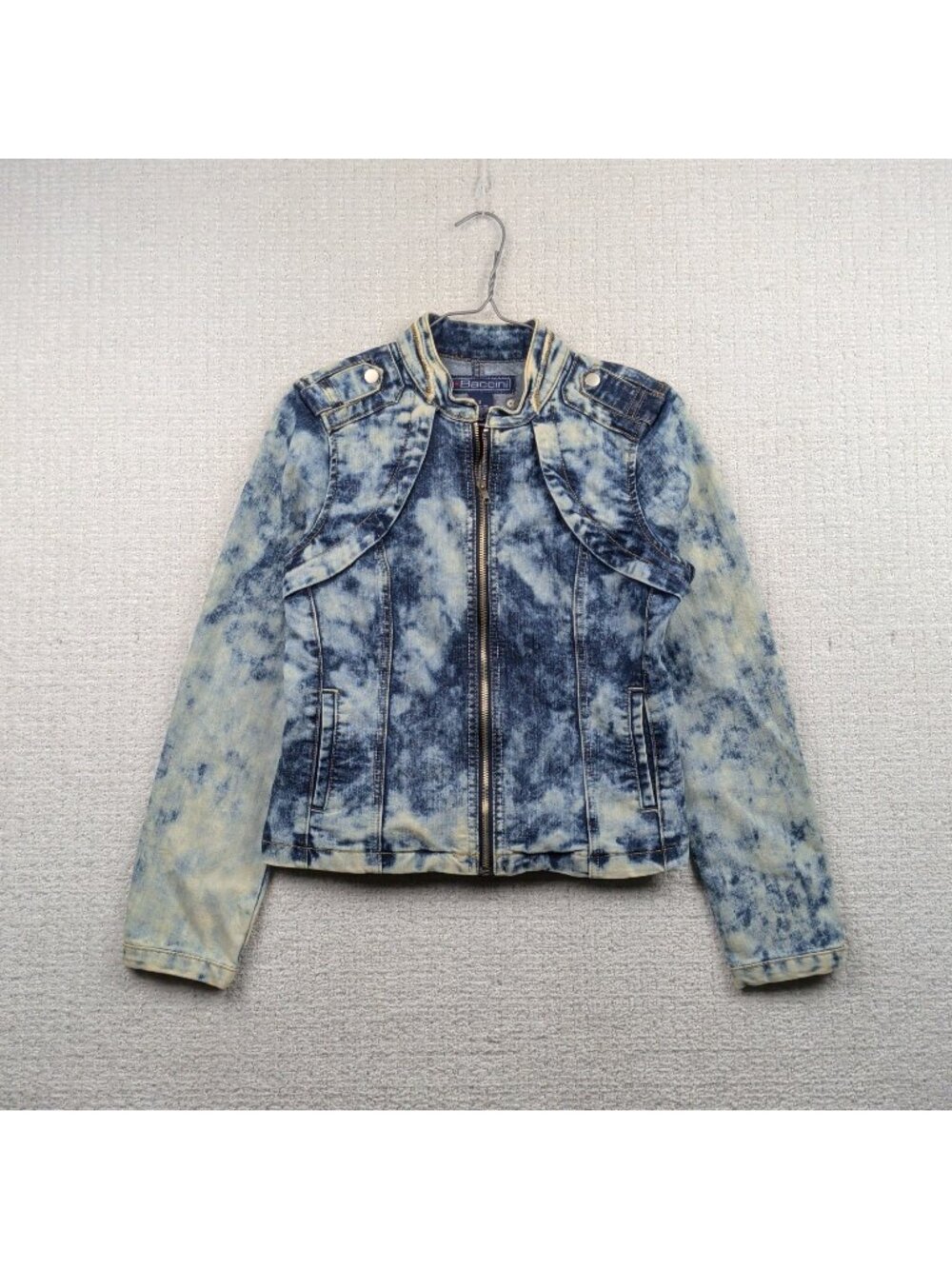 Y2K Baccini Biker Moto Denim Jacket Womens S Acid Wash Grunge Punk Alt Metal